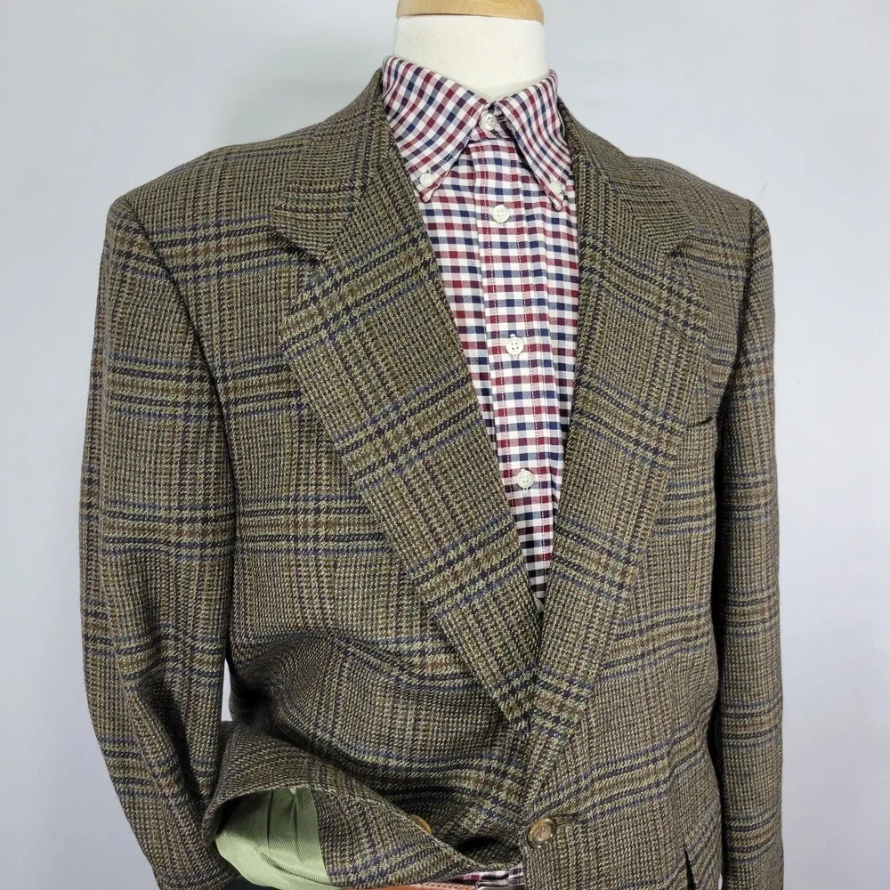 Oscar De La Renta‎ Men's Sport Coat Blazer Two Button Olive Tweed Plaid Wool 44R